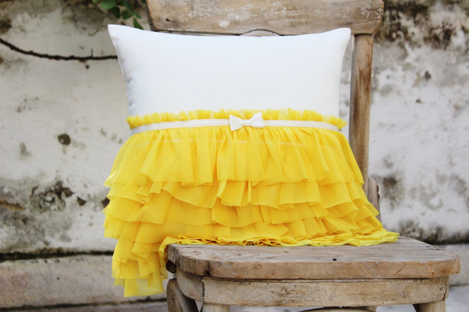 Decorated with yellow chiffon ruffles pillow cover