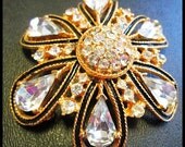 Vintage Brooch Pin Domed Tiered Crystal Rhinestone Black Enamel Gold Metal 2.5" EX