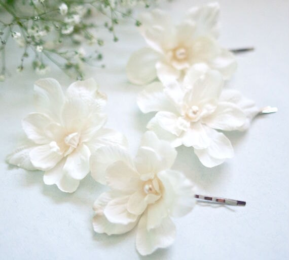 Ivory Wedding Hair Flowers with Pearls (4 pcs) Bridal Flower Hair Pins Rustic Beach Wedding Garden Wedding Hair Accessories Bridesmaid