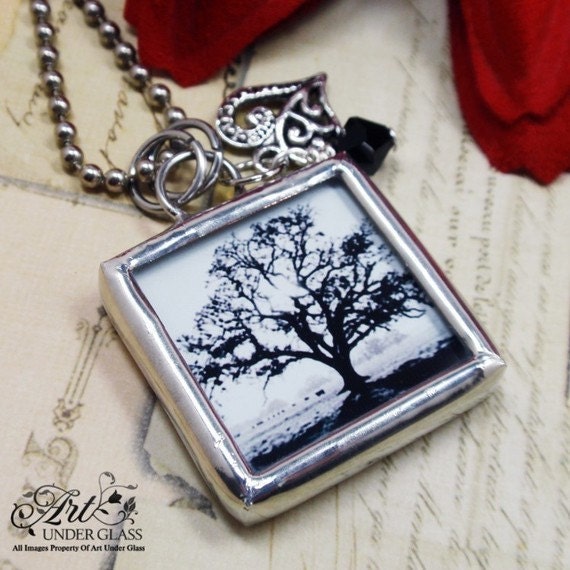 Silhouette Black And White Tree Initial Silver Soldered Dbl Sided Necklace/Pendant/Charm