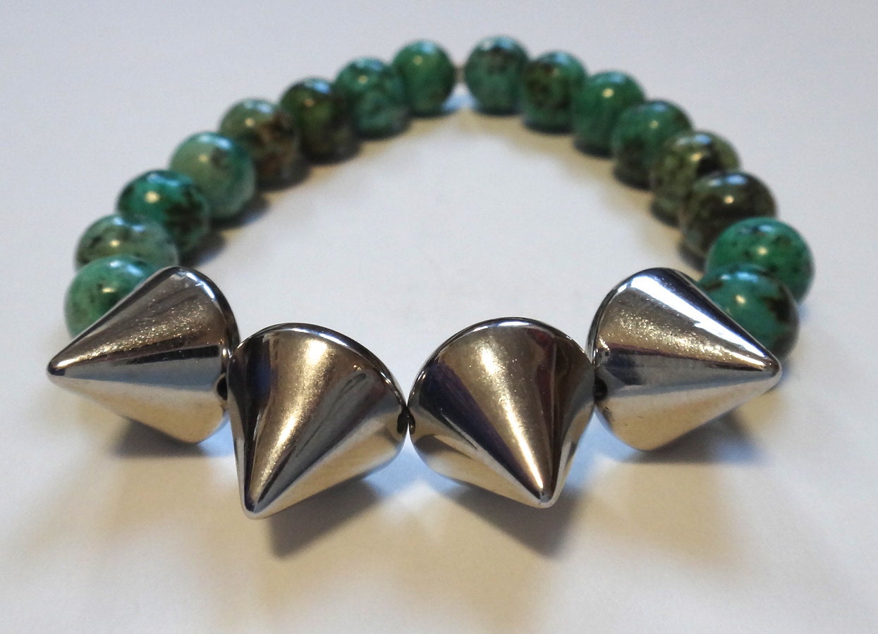 African Turquoise Beaded Bracelet with Silver Spikes