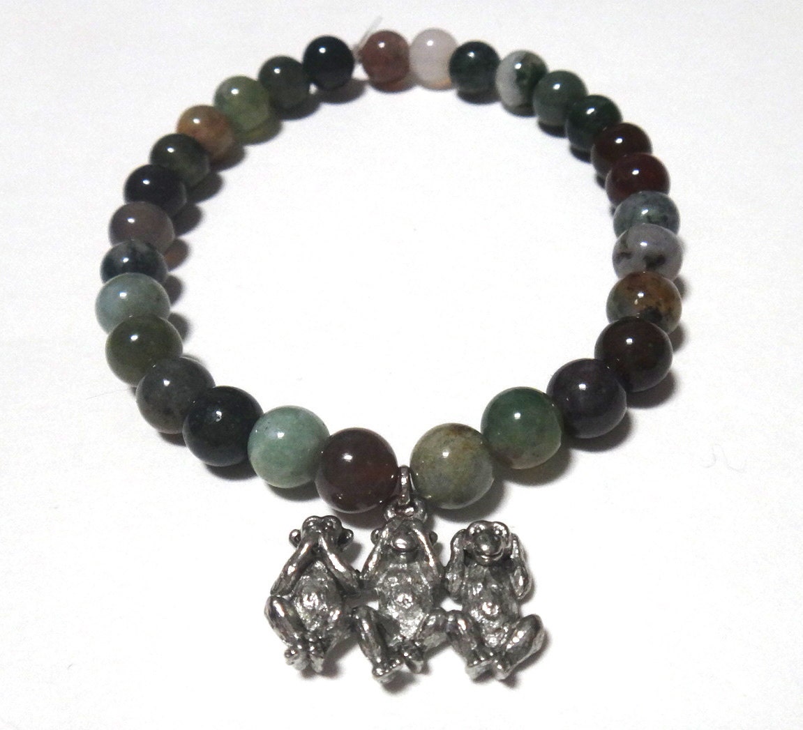 Fancy Jasper Beaded Bracelet with Silver Three Wise Monkeys