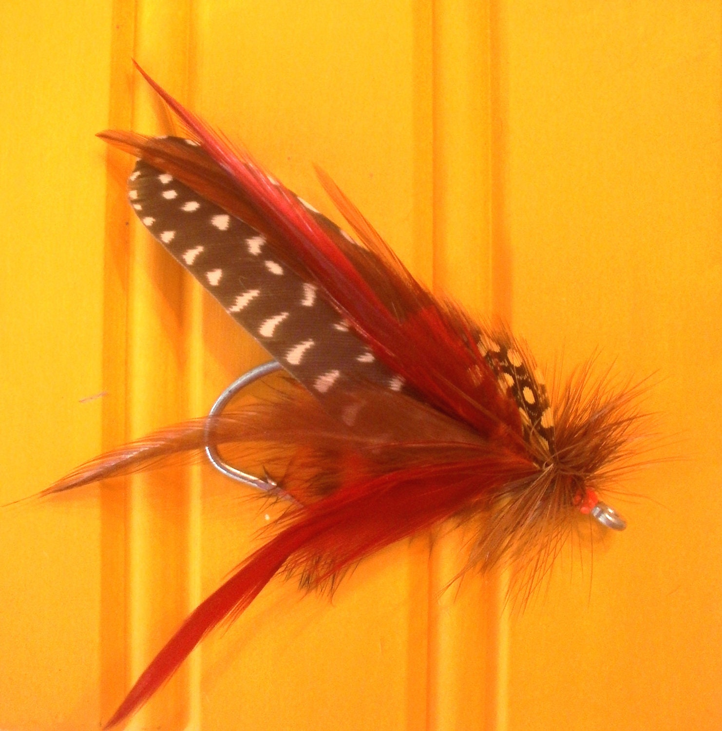Custom fall autumn fly fishing wedding boutonniere lure hook feather red apple rustic outdoors fisherman