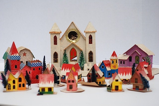 MId Century Christmas Village, Vintage Japanese Christmas Ornaments, 1950's Paper Houses, Gift For Wife, Miniature Houses - TheNewtonLabel