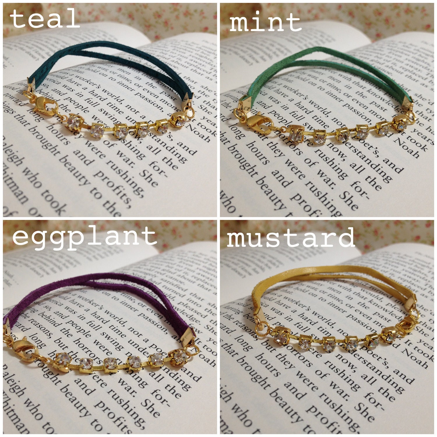 Faux Suede Bracelets with Crystals - Teal/Mint/Eggplant/Mustard - 4mm Crystals - Bracelet 7"