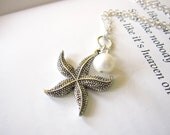 Antique Silver Starfish Necklace with swarovski pearl