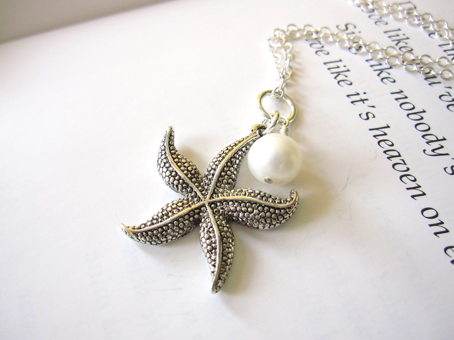 Antique Silver Starfish Necklace with swarovski pearl