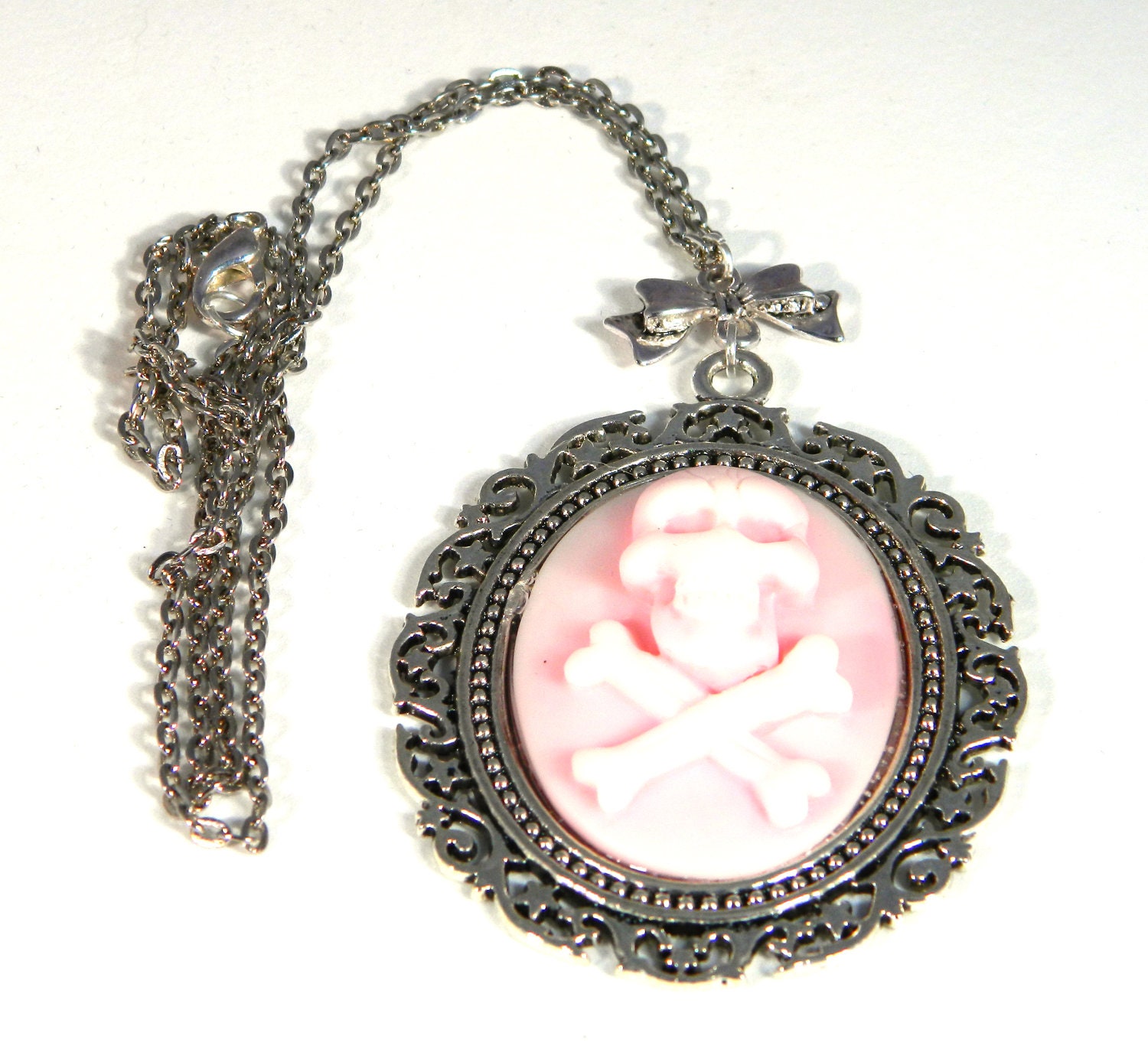 Steampunk Cameo Necklace Skull Crossbones in Silvertone Cameo setting