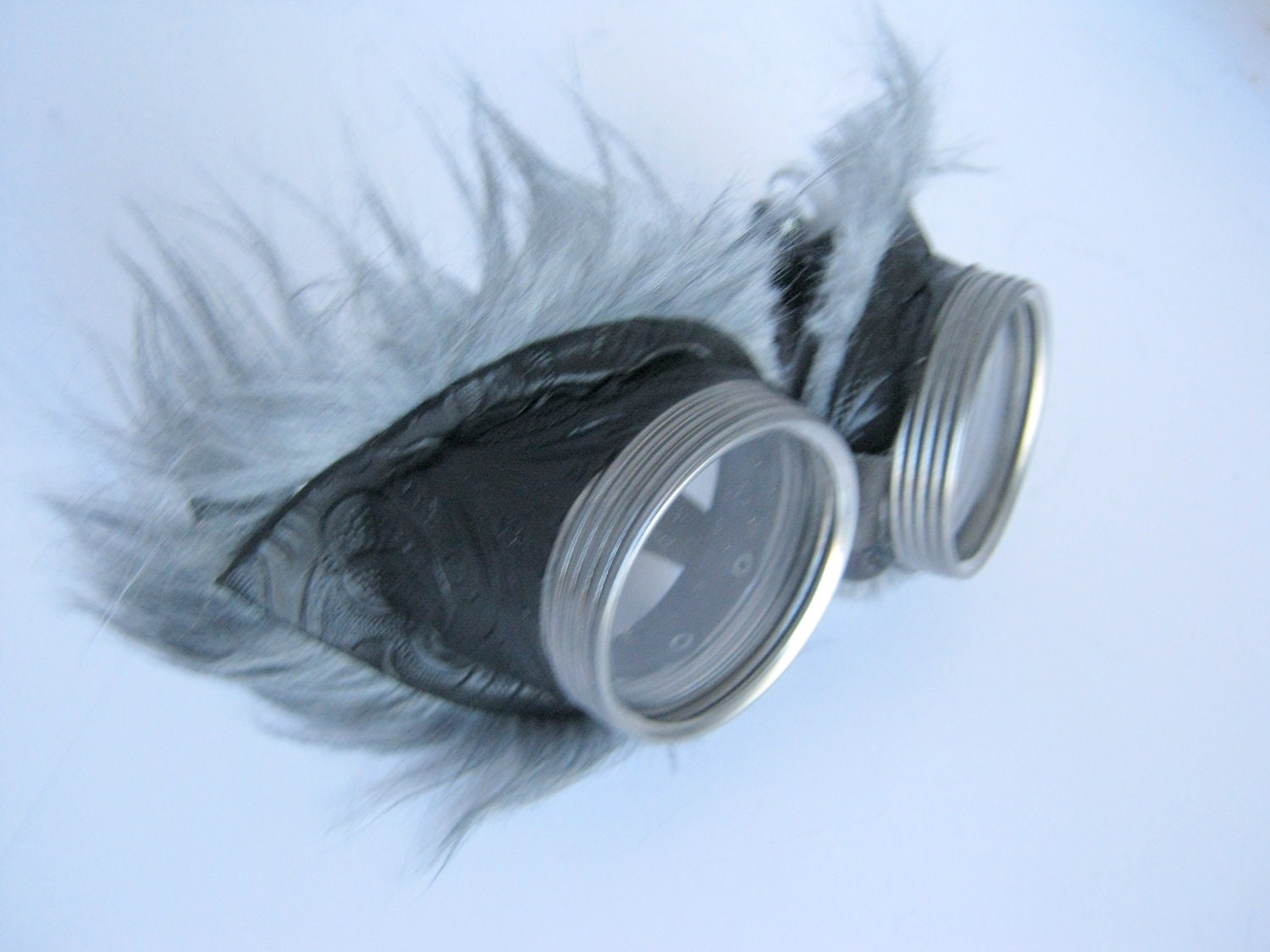 Faux Wolf fur eye trimming. Steampunk Goggles Air Pirate Eyewear - black faux leather with grey