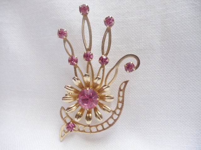 Vintage Brooch Pink Atomic Rhinestones