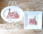 Mismatched Pair of Victorian Engine Plates, Square and Oval, Small Plates, Ready To Ship