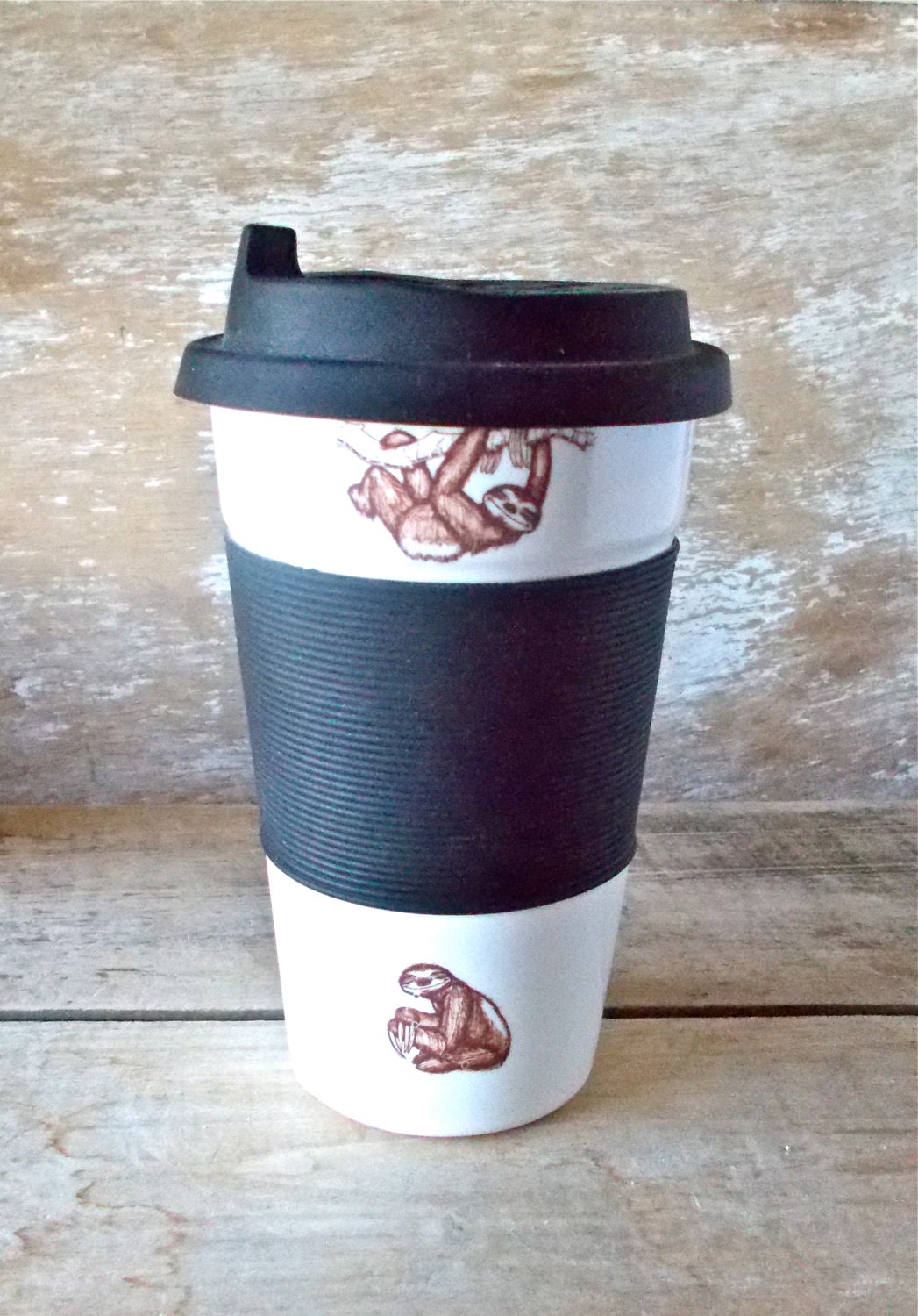 Ceramic Travel Mug, Namaste Baby Sloths, Namaste,  Porcelain Takeaway Tumbler, 16 oz, Ready to Ship