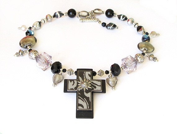 Black silver beaded necklace cross pendant handmade