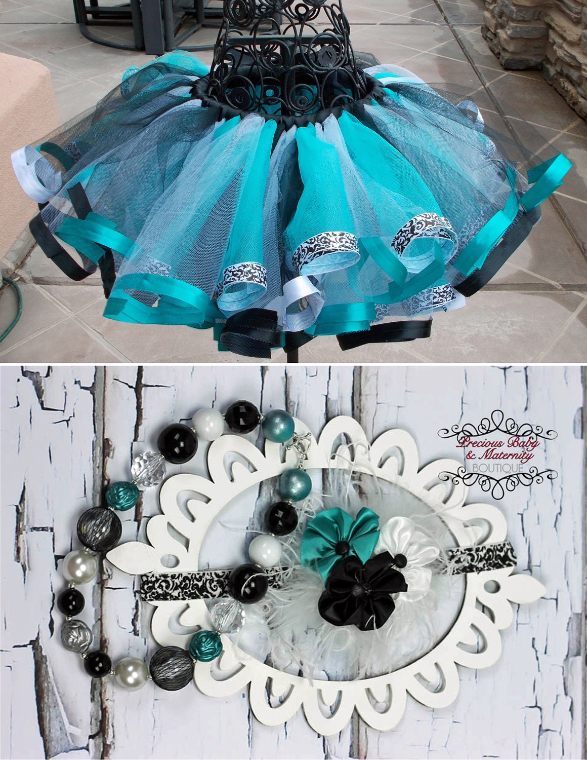 Custom Made Satin Ribbon Edged Tutu Skirt with Matching Flower Headband and Matching Chunky Necklace- 2 Or More Tulle Color Options