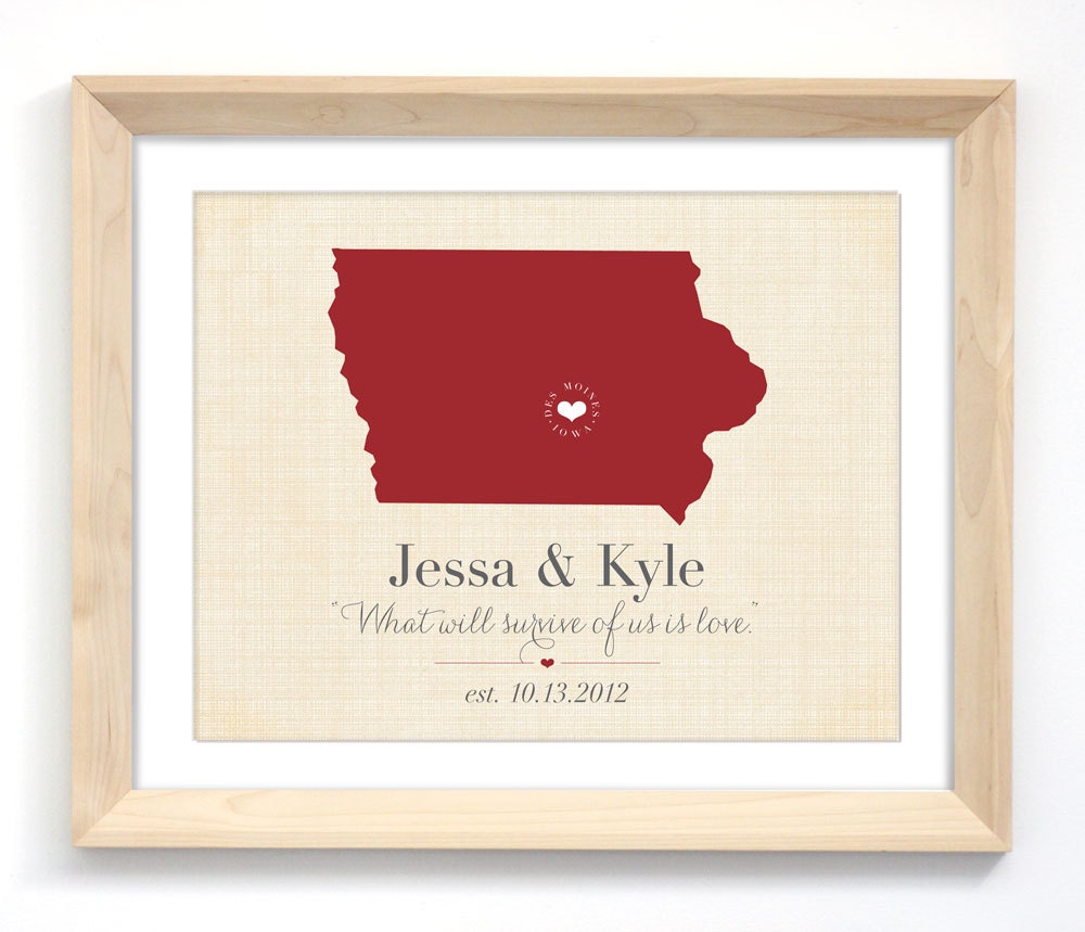 Wedding Gift Print - Unique Wedding Gifts - Iowa or Your Choice of City, State, Colors