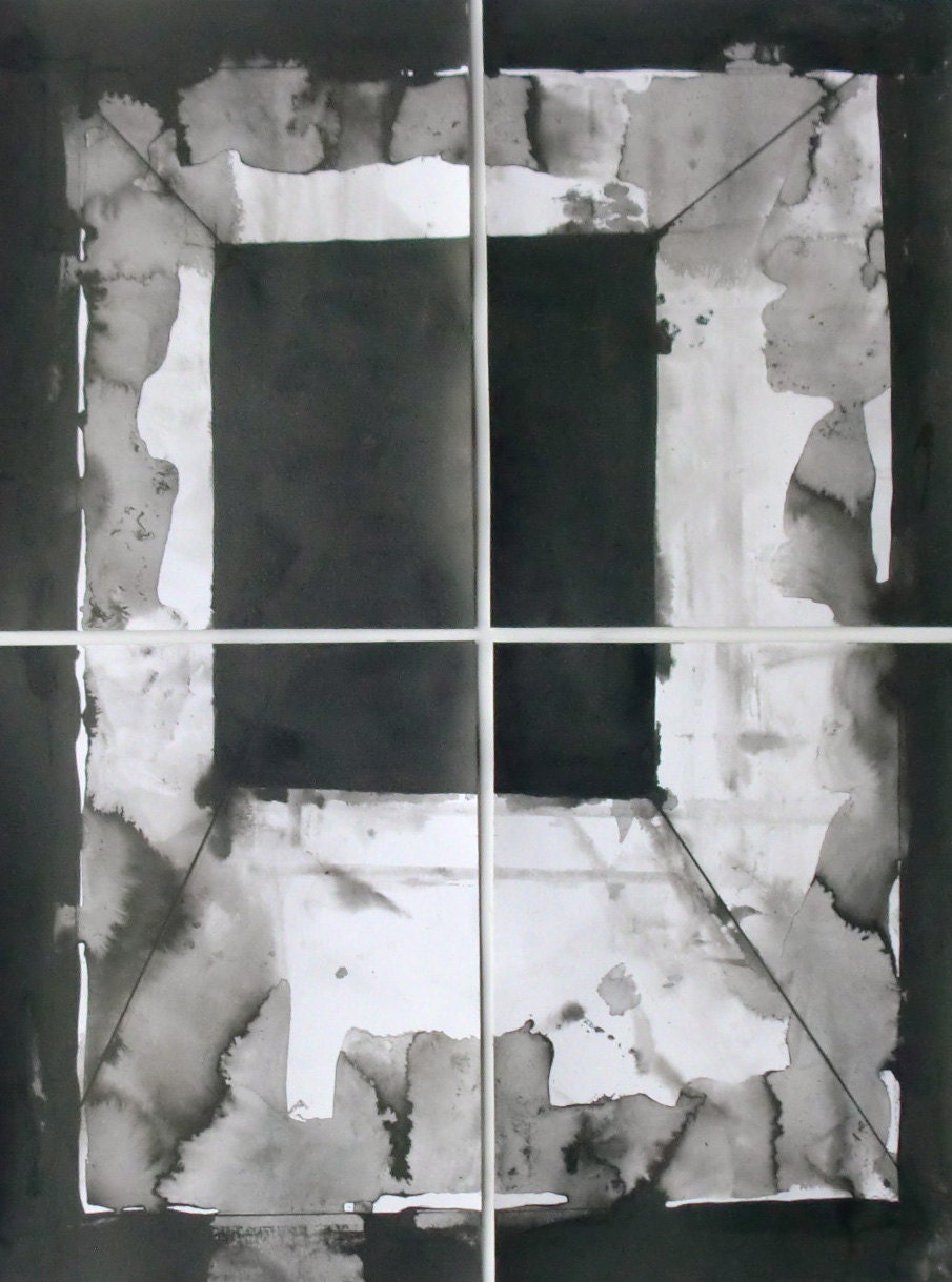 Geometric Black and White Set of Four Drawings/paintings "Window" - maaikevannierop