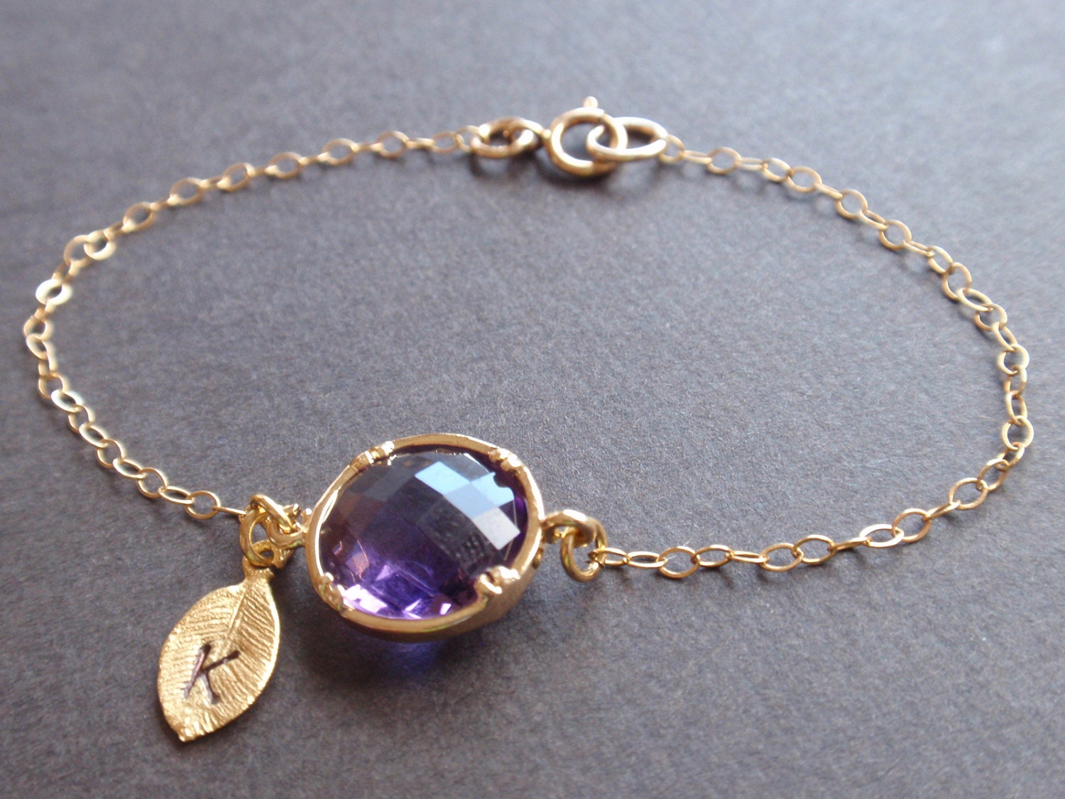 Personalized Initial Leaf, Amethyst bezel Bracelet - with 14k gold filled chain
