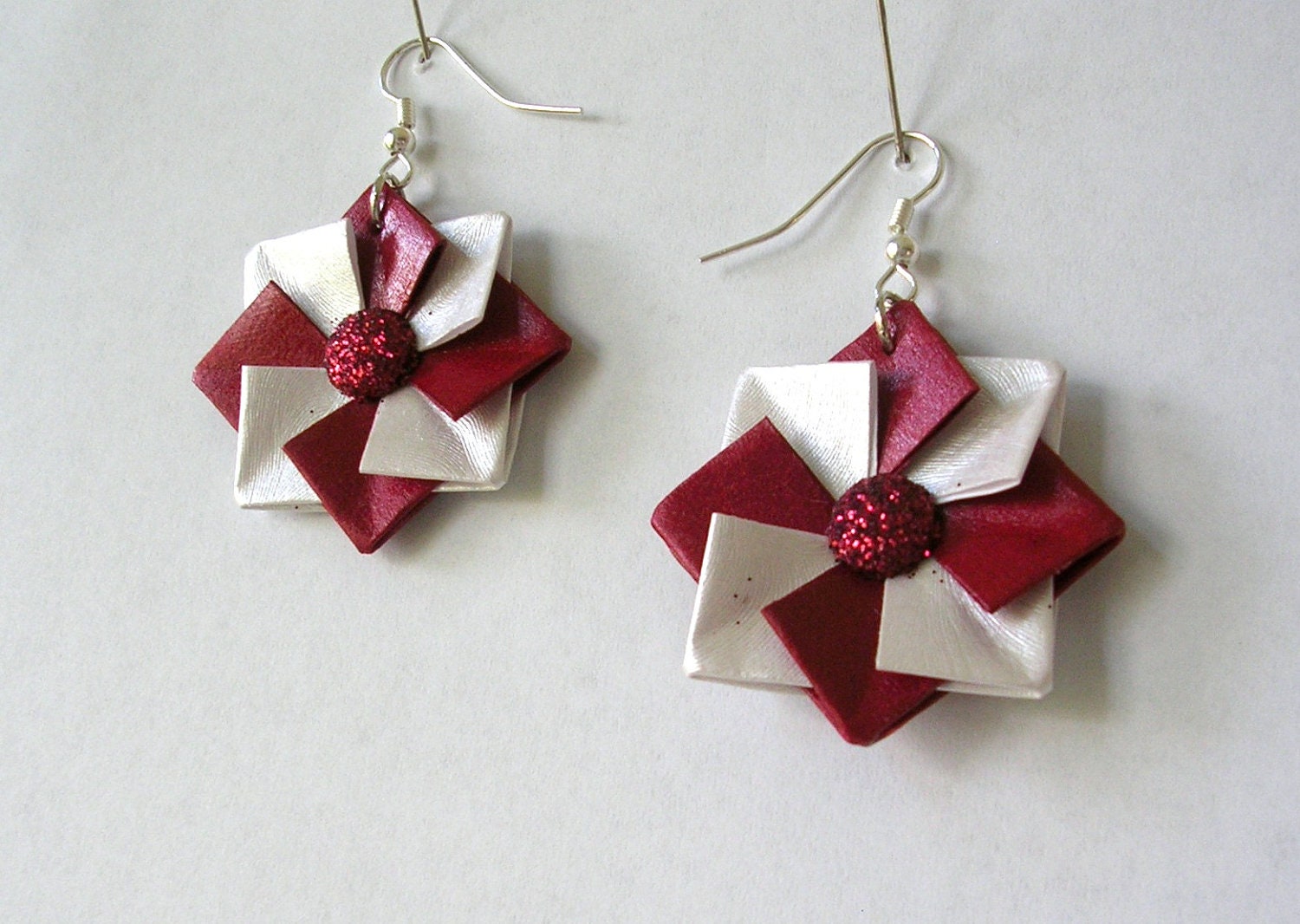 Origami Earrings -  Red and White Paper Earrings