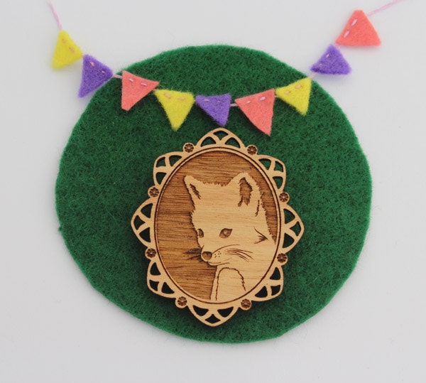 Wood laser cut brooch Adorable and cute little baby fox cameo - natural wood finish