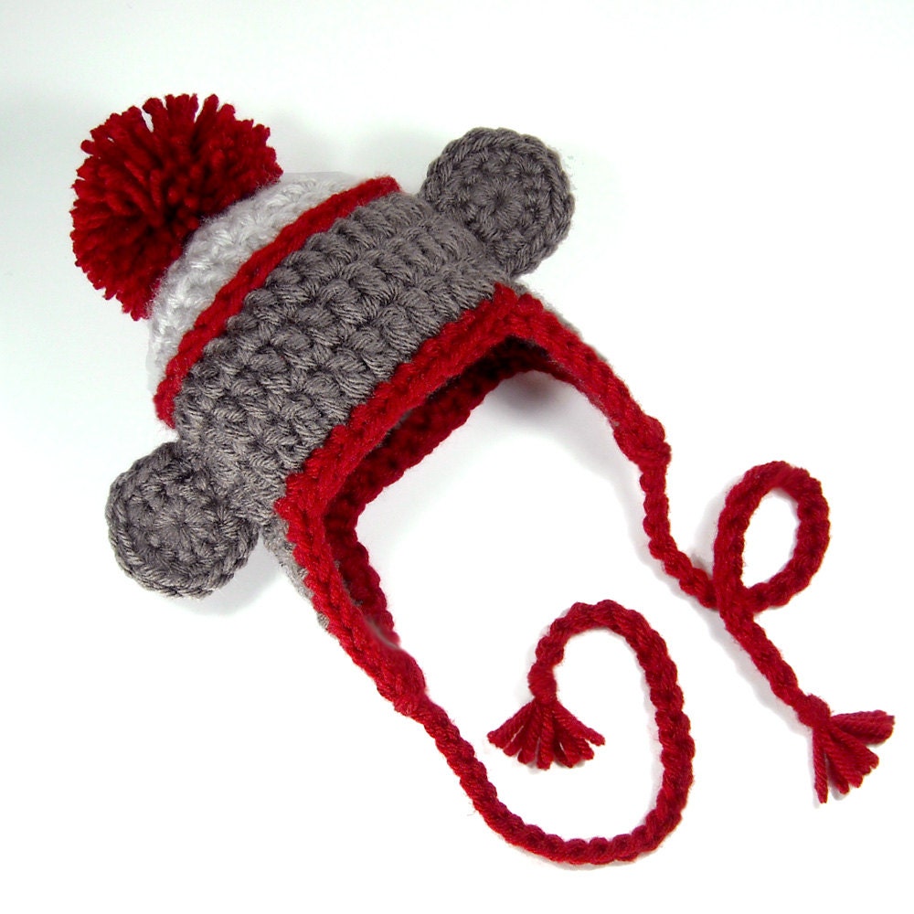 Sock Monkey Baby Hat, Newborn Earflap Beanie with Pom-Pom