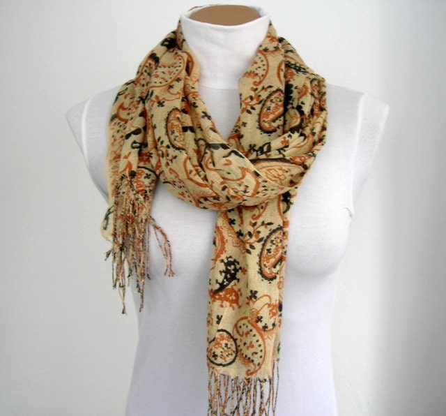 Brown Scarf with Paisley Pattern, Womens Scarf Scarves