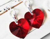 Red Heart Earrings, Siam Garnet Red Swarovski Crystal Drop Earrings, Red Dangle Earrings, Sterling Silver Handmade Jewelry
