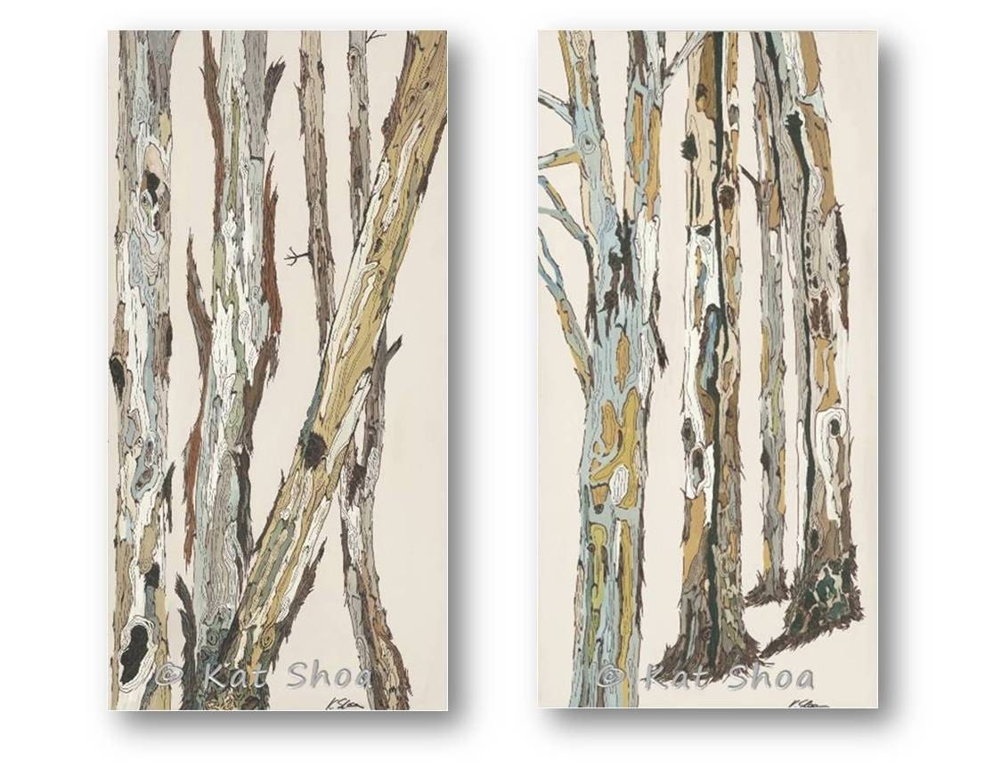 VERY Large 60x60 Giclee Print SET tree art trunks large painting rolled canvas neutral pastels white gray blue yellow large art