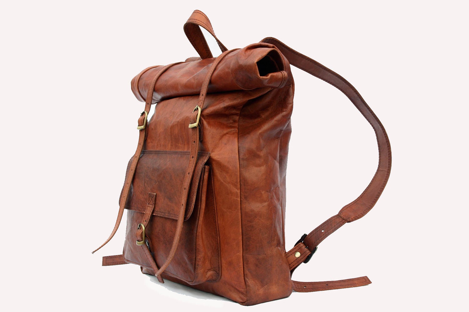 Leather Roll Top Backpack / Rucksack (Light Brown) - Vintage Retro Looking