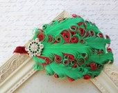REDUCED- 11.95, Green and Red Nagorie Feather Headband, baby headbands, newborn headbands, christmas headbands, photography prop