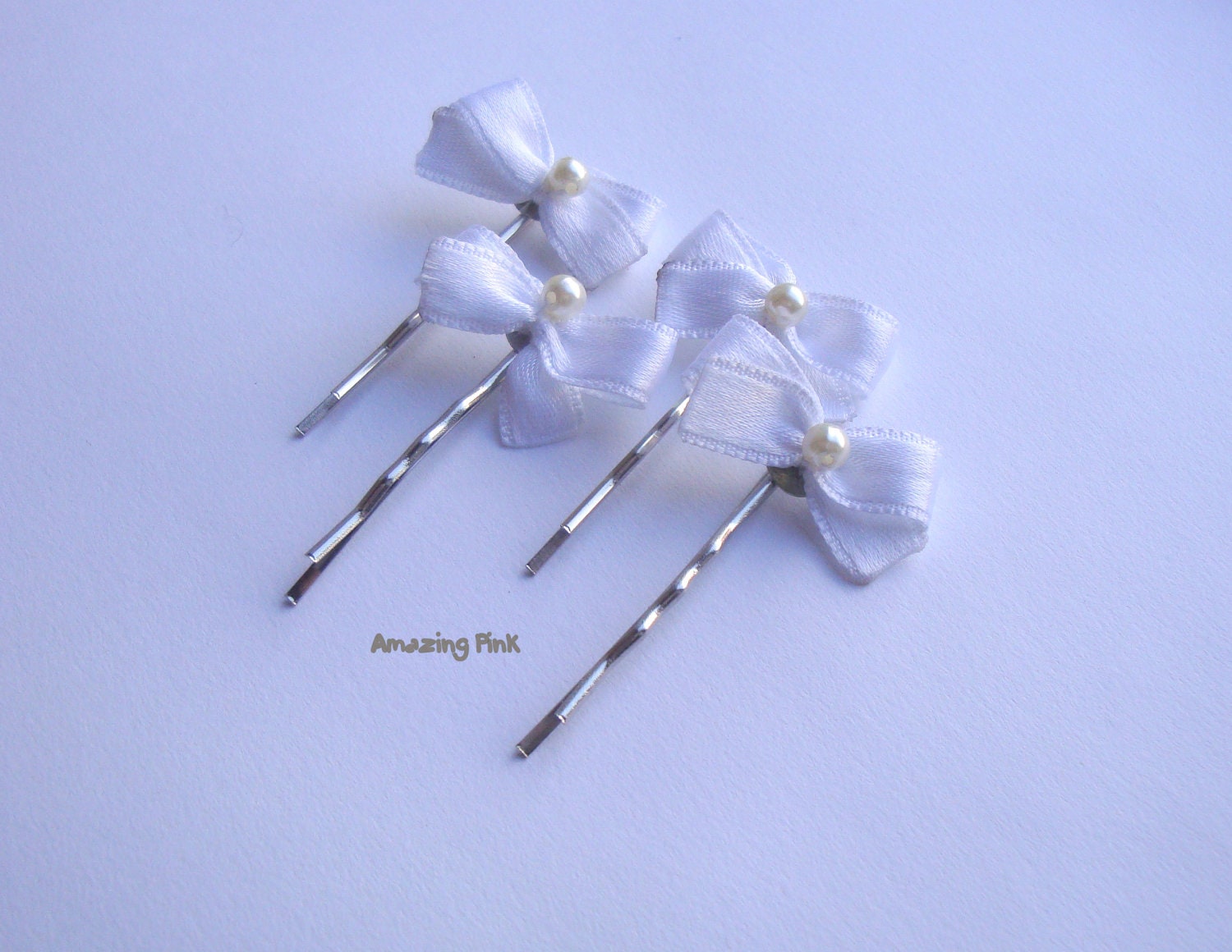 Bow Hair Pin / Bridal Hair Accessory / White Bow With Pearls Bobby Pins / Set of 4
