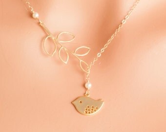 Gold Bird Lariat - gold leaf lariat, gold branch lariat, twig lariat, gold bird necklace, gold sparrow lariat, gold bird pendant