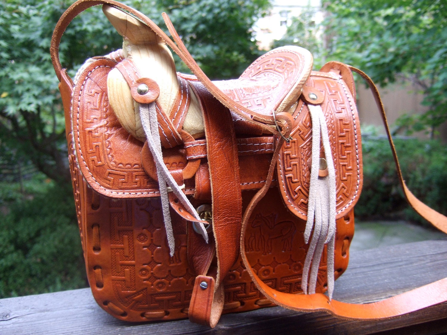 Unique Tooled Leather Southwestern Saddle Shoulder Bag