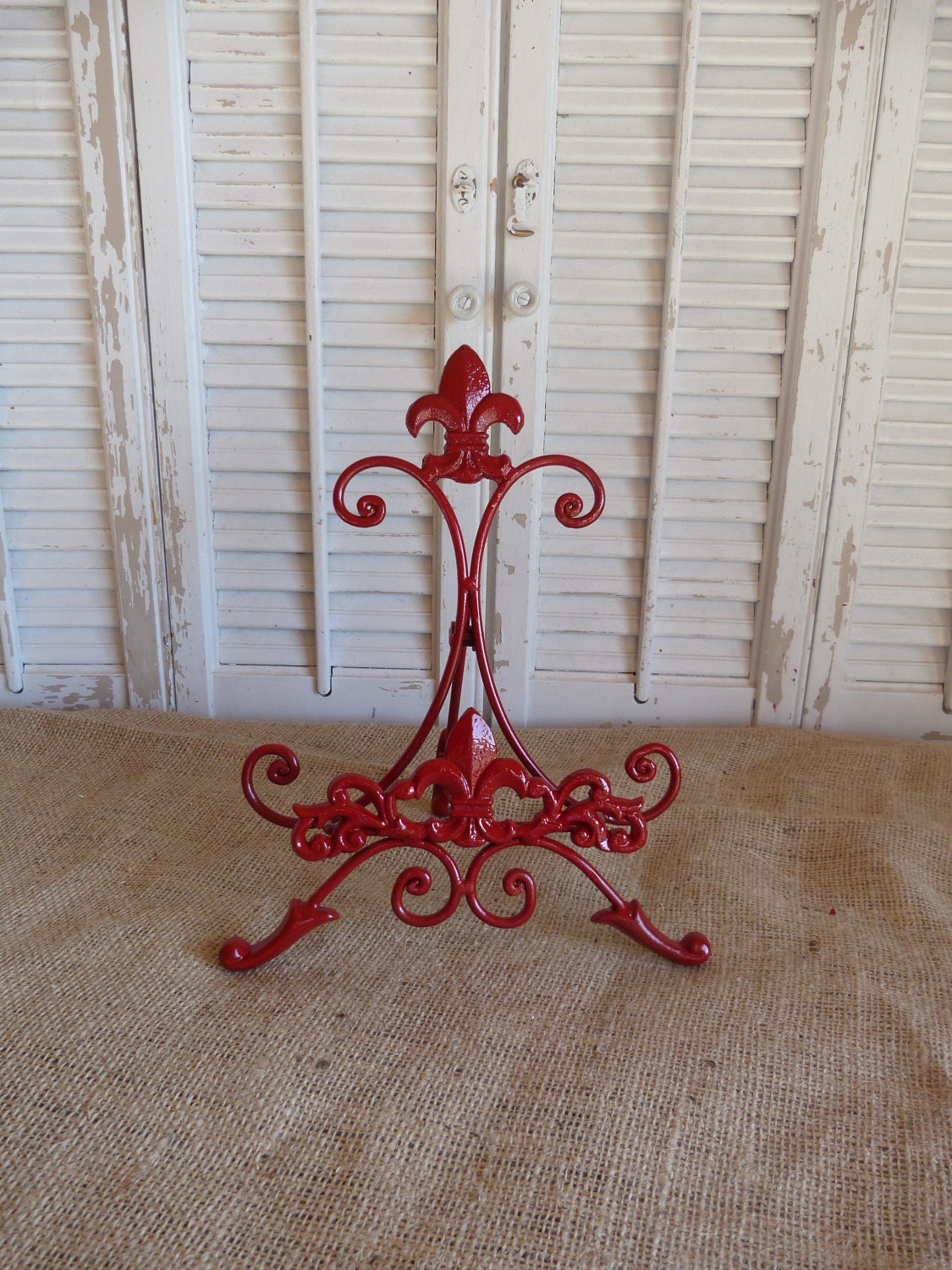 Red Iron Easel, Fleur De Lis Easel, Ipad Stand, Plate Book Stand, Tablet Stand, Picture Holder Stand, Hollywood Regency Decor