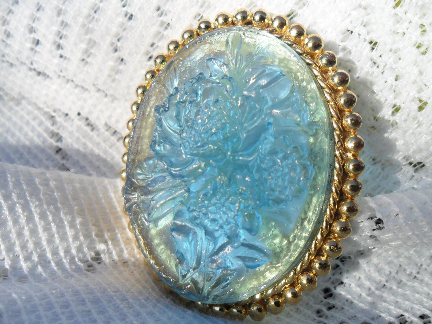 Vintage Translucent Blue Cameo Brooch - Floral Lucite and Gold