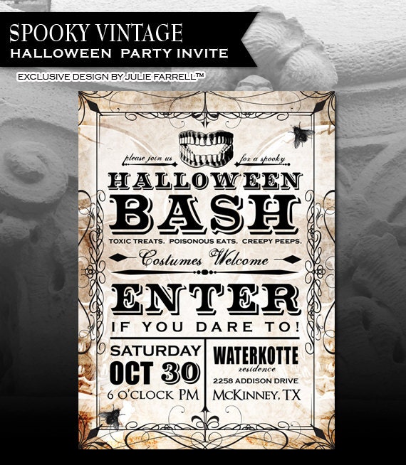 Printable Halloween Invitation DIY Vintage Paper and Spooky Goth Skulls-Teeth  Halloween Holiday Party Invitation