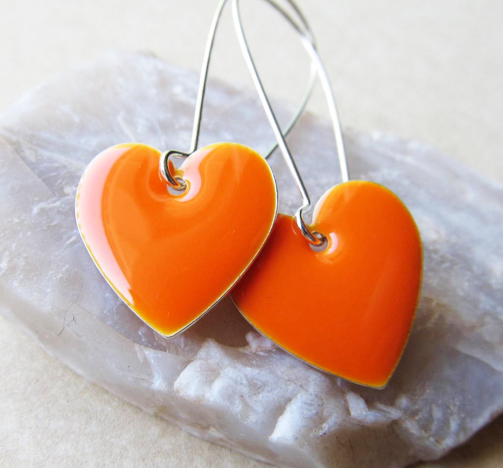 Dangle Drop Earrings - Tangerine Orange Epoxy Enamel Hearts - Sterling Silver Plated over Brass