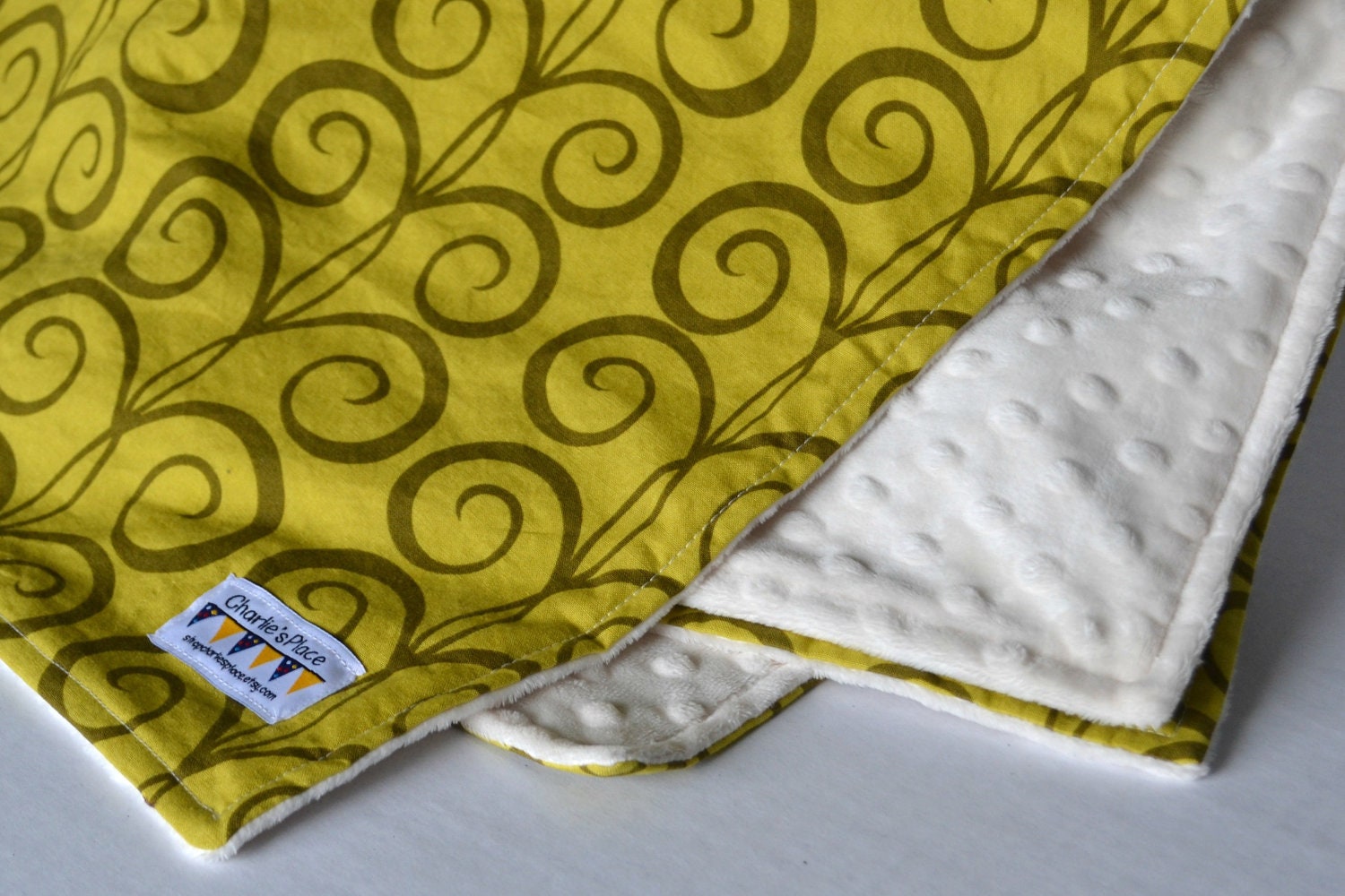 Baby Blanket Minky -Michael Miller, green, swirl, ivory, brown, modern, neutral
