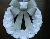 New Year's Wreath - Holiday Wreath - Silver and White Christmas Wreath with White Felt Flowers, Crystal Accents, and a Silver Glitter Bow