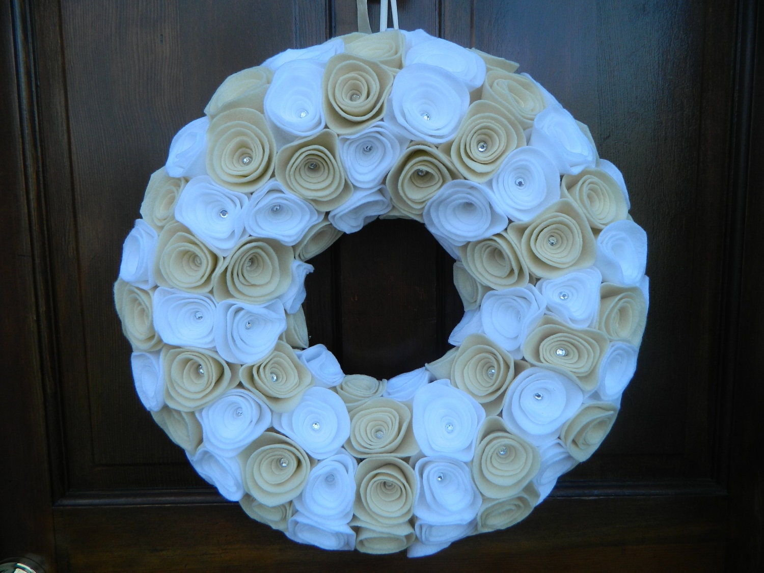 Winter Wonderland Wreath - White and Antique White Felt Flower Wreath with Crystals and Lights - 14 inch
