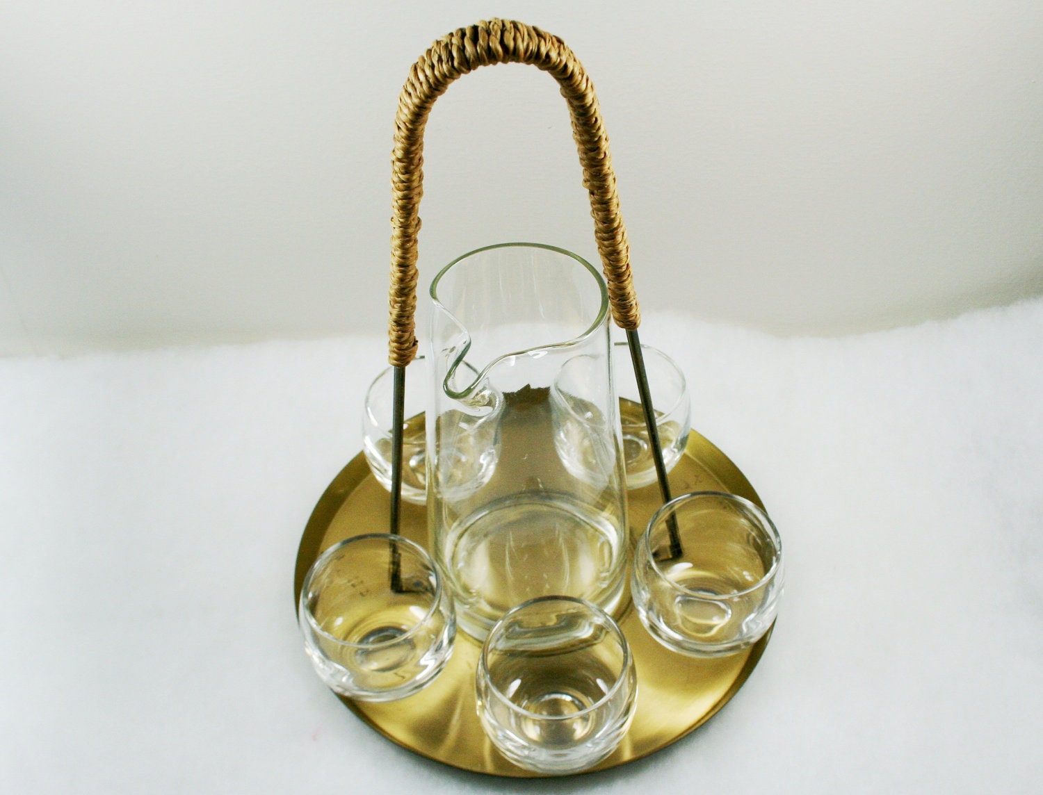 Vintage Liquor Decanter Six Piece Cordial Set plus Gold Serving Tray with Woven Handle