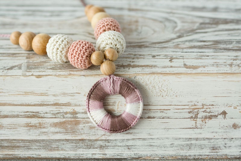 Babywearing Necklace / Nursing Necklace with a pendant - cream, pale pink, brown - shower gift