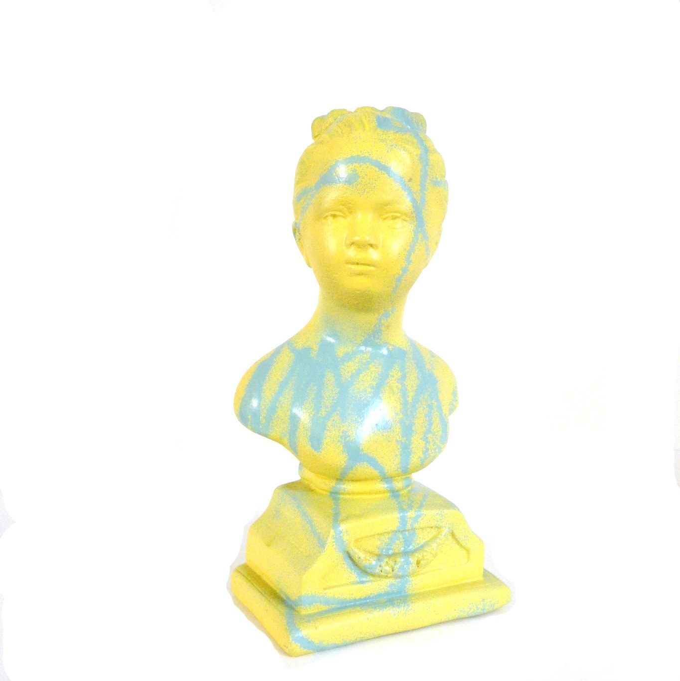 bust statue, graffiti, art object, street art, yellow, turquoise, victorian, punk, home decor, funky, head bust, spray paint, 80s