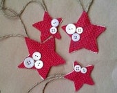 Set of 4 - Wooden Red Burlap Vintage Button Stars -Christmas Ornament/Gift Tag Accessory-Rustic/Country/Folk