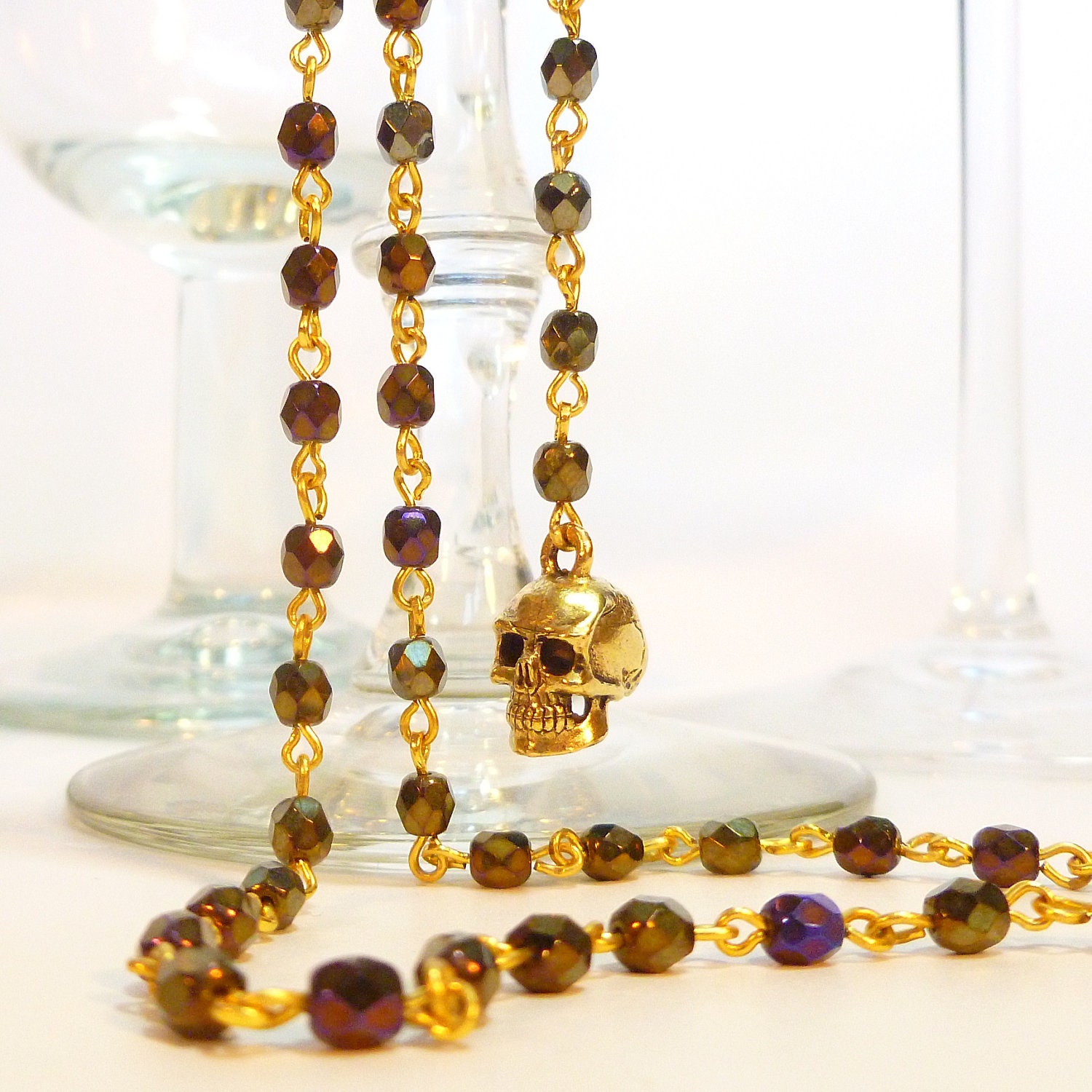 Iridescent Brown and Gold Skull and Roses Extra Long Rosary Necklace