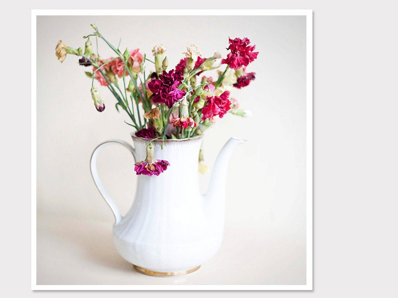Bright Dying Flowers in White Teapot-Flower Photography-Pink and Red- Home Decor-Shabby Chic-8x8