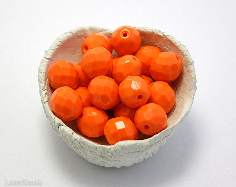 Large Bright Orange Czech Fire Polished Beads 10mm (10) Opaque Polish Faceted Glass Round Big - LaserBeads