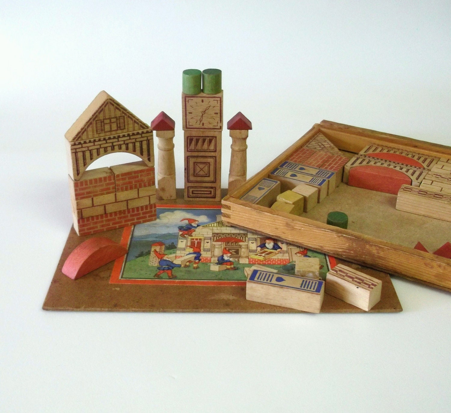 Vintage Building Blocks, Gnome Building Blocks, Decorated Building Blocks - RescuedInTime