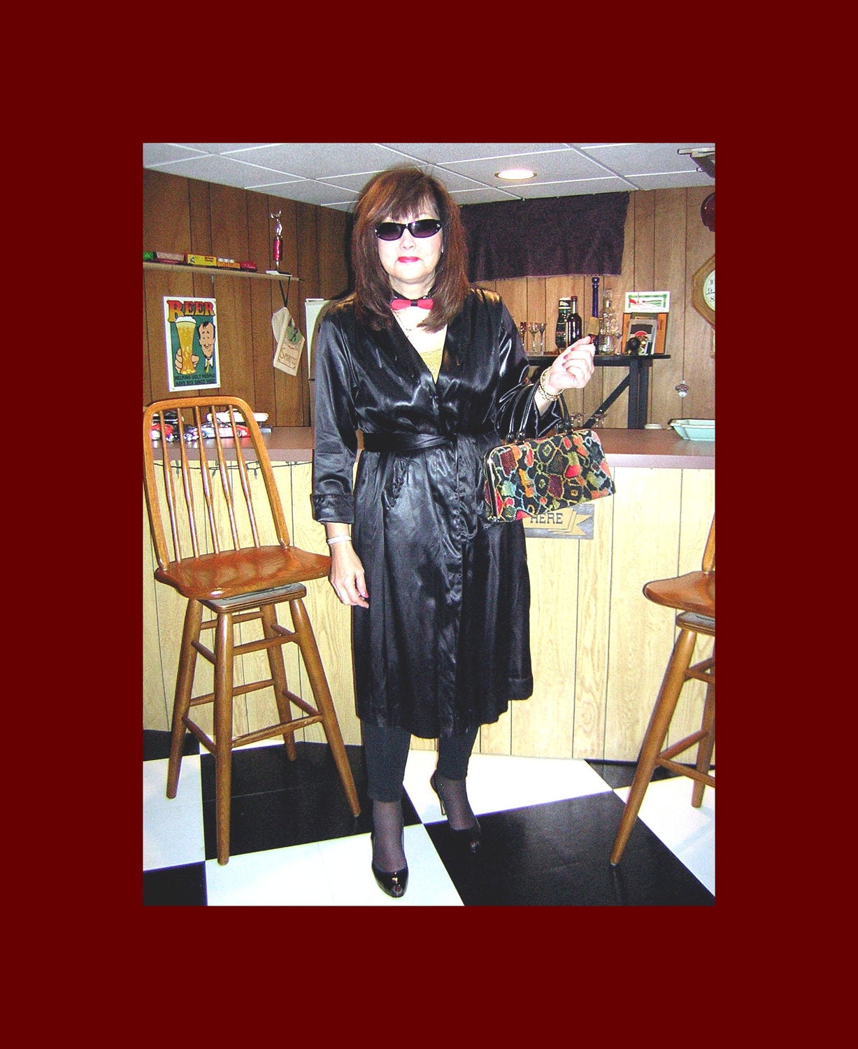 REDUCED Sexy Vintage 70's Black Nylon Trench/Spy Coat Med
