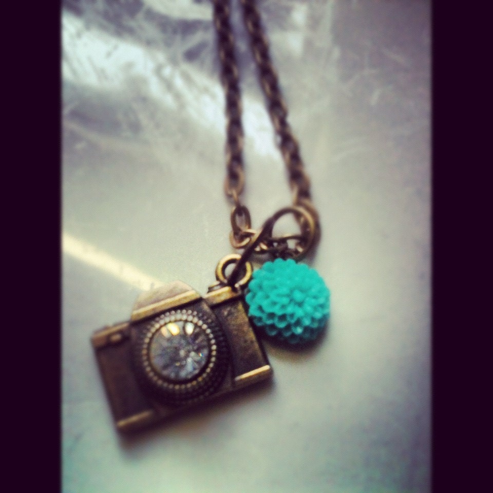 new CAPTURE the moment CAMERA NECKLACE antique bronze chain photography photographer gift teal mum flower charm