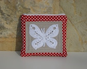 Butterfly Pouch Purse with crochet, polka dots, and zipper in red, white and beige